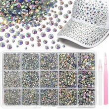15-Grid AB Iridescent Flat Back Rhinestone Set, Hot Melt Glue Base, Firmly Ironed, Wash-Resistant, Durable, Ss6-Ss30 Mixed Sizes, Suitable For DIY Clothing, Dresses, Dance Costumes, Bags, Rhinestone Decoration Craft Materials - Multiple Specifications - View 1