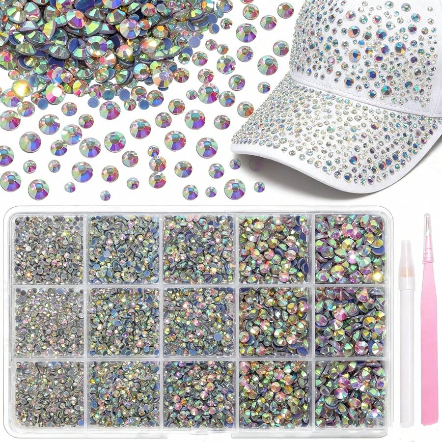 15-Grid AB Iridescent Flat Back Rhinestone Set, Hot Melt Glue Base, Firmly Ironed, Wash-Resistant, Durable, Ss6-Ss30 Mixed Sizes, Suitable For DIY Clothing, Dresses, Dance Costumes, Bags, Rhinestone Decoration Craft Materials - Multiple Specifications - View 1