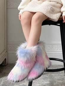 1 Pair Kids Gradient Striped Long Fur Plush Ankle Boots, Loose Cuff Style, Playful Outfit, Suitable For Holiday Atmosphere, Perfect For Winter Outings - Pink - View 3