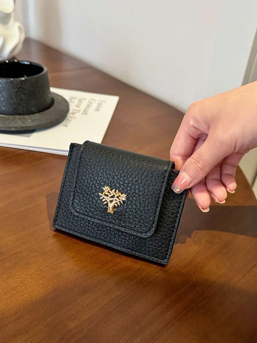 新款女款 PU 黑色荔枝紋短款經典復古時尚扭鎖零錢包 多功能錢包 極簡手拿包 - 黑色 - 查看 1