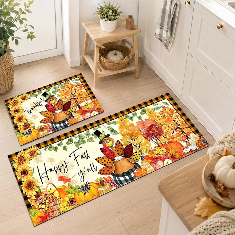 1/2pcs Thanksgiving Turkey & Pumpkin Pattern, Vintage Diatomaceous Earth Mat, Super Absorbent, Non-Slip, Perfect For Bathroom, Kitchen And Dining Room, Quick Dry, Machine Washable, Ideal Gift For Home Decor And Bathroom Mat - Multicolor - View 4