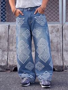Men's Blue Geometric Pattern Loose Wide Leg Jeans - Blue - View 3