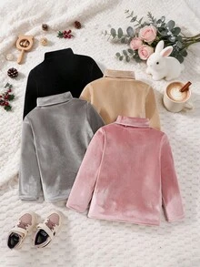 4pcs/Set Autumn/Winter Young Girl Semi-High Neck Velvet Tops, Girls Warm Long Sleeve Base Layer Shirts, Solid Color Versatile Innerwear - Multicolor - View 2