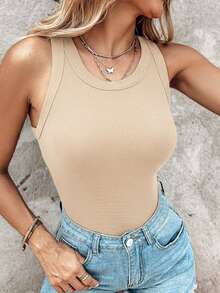 ChicMe Built-In Bra Sleeveless Ribbed Knit Tank Top Slim Fit Round Neck Basic Top - Apricot - View 7