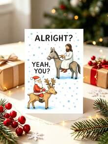 1pc Funny Comical Christmas Card With Envelope, "Alright? Yeah, You?", Humorous Santa & Festive Rider On Reindeer & Donkey Xmas Greeting Card, Hilarious Gift For Friends Family Coworkers, Blank Inside - View 7