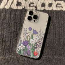 1pc Fashion Creative Full Screen Purple Floral & Leaf Painted Pattern High Transparency Phone Case, Anti-Drop Anti-Scratch Anti-Fingerprint Transparent TPU Soft Shell, Camera Lens Protection Compatible With Apple, Nothing, Pixel, - Multicolor - View 2