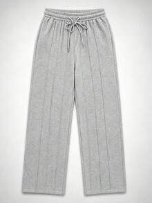 Celana Sweatpants Wanita dengan Jahitan Vertikal, Kaki Lebar, Pinggang Elastis, Tali Serut, Longgar, Kaki Lurus, Celana Rajut Kasual - Grey - View 3