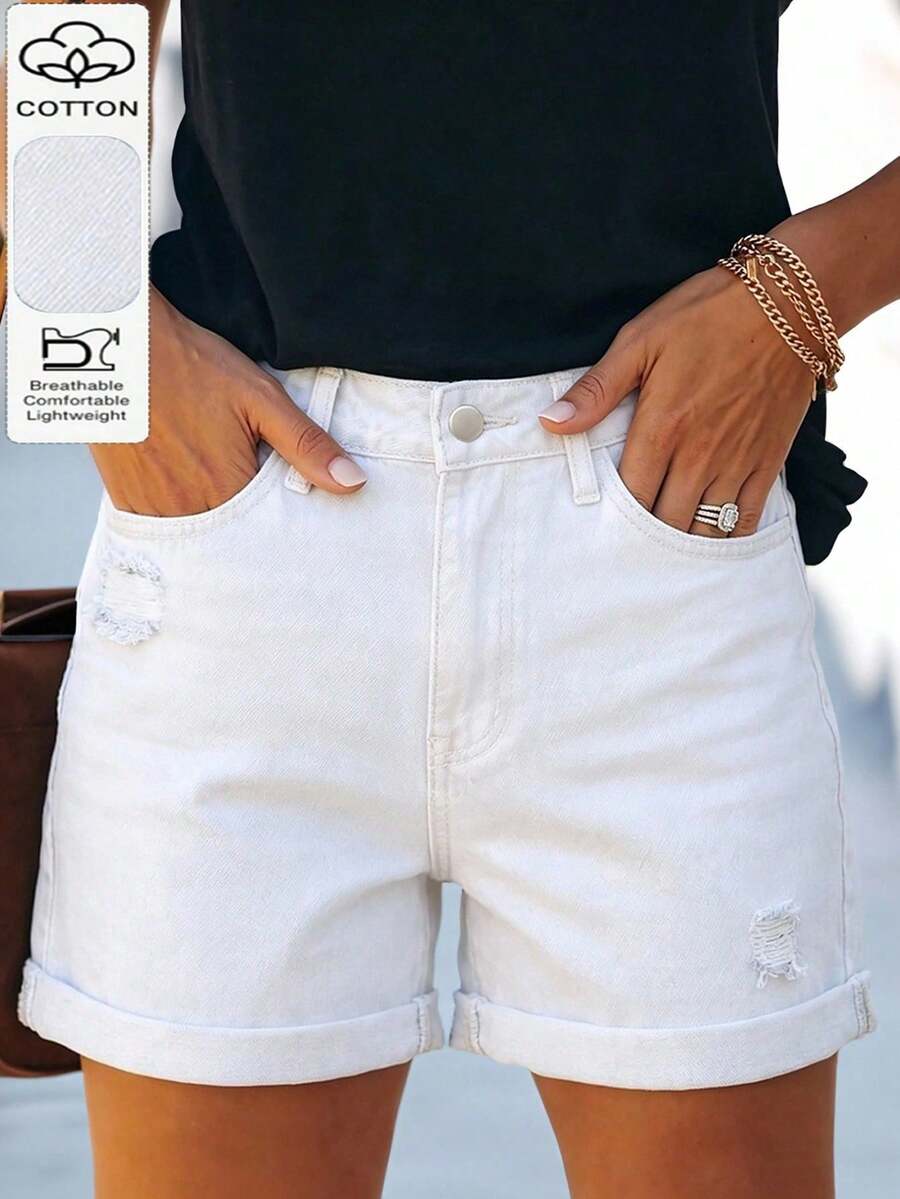 Casual Distressed Washed Loose Fit Denim Jeans For Women, American Street Style, Versatile Summer Holiday White - White - View 1