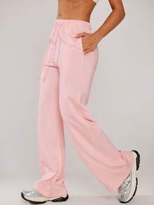 Women's Fall Winter Pink Loose Straight Leg Pants With Pockets Solid Casual Pants For Daily Date Wear - Pink - View 7