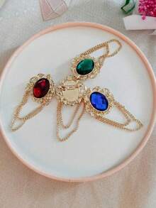 1pc European And American Style Brooch Pin - Golden Alloy Flower Design With Simulated Gemstone Chain Tassel - Brooch - View 2