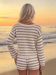 Women's Striped Jacquard Knit Sweater And Shorts Set, Drawstring Waist Design, Suitable For Casual Wear Fall - Multicolor - View 4