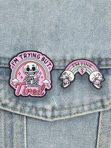 QIHOO 1pc Sweet Cool Gothic Skull Drip Oil Brooch Set I'm Fine Funny Slogan Lapel Pin Badge Rainbow Skull Cartoon Pin Decor Denim Jacket Backpack Funny Emotion Mental Health Theme Gift - Multicolor - View 2