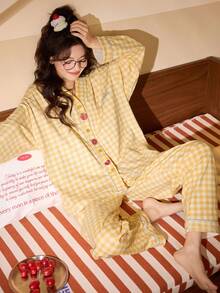2pcs/Set Women's Pajamas Homewear, Cardigan V-Neck Fruit Letter Print With Pockets Long Sleeve Long Pants, All Season - Yellow - View 9