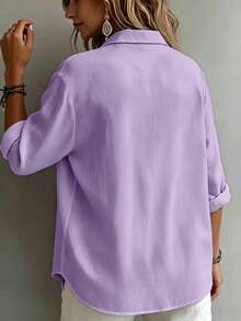 Women's Plus Size Solid Color Rolled Sleeve Long Front Button Shirt Blouse - Purple - View 4