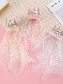 1pc Happy Birthday Crown Headband, Sparkly Pink Tiara With Shimmer Printed Tulle Veil, Sweet Princess Hair Hoop For Birthday Party Photoshoot Decor - Multicolor - View 4