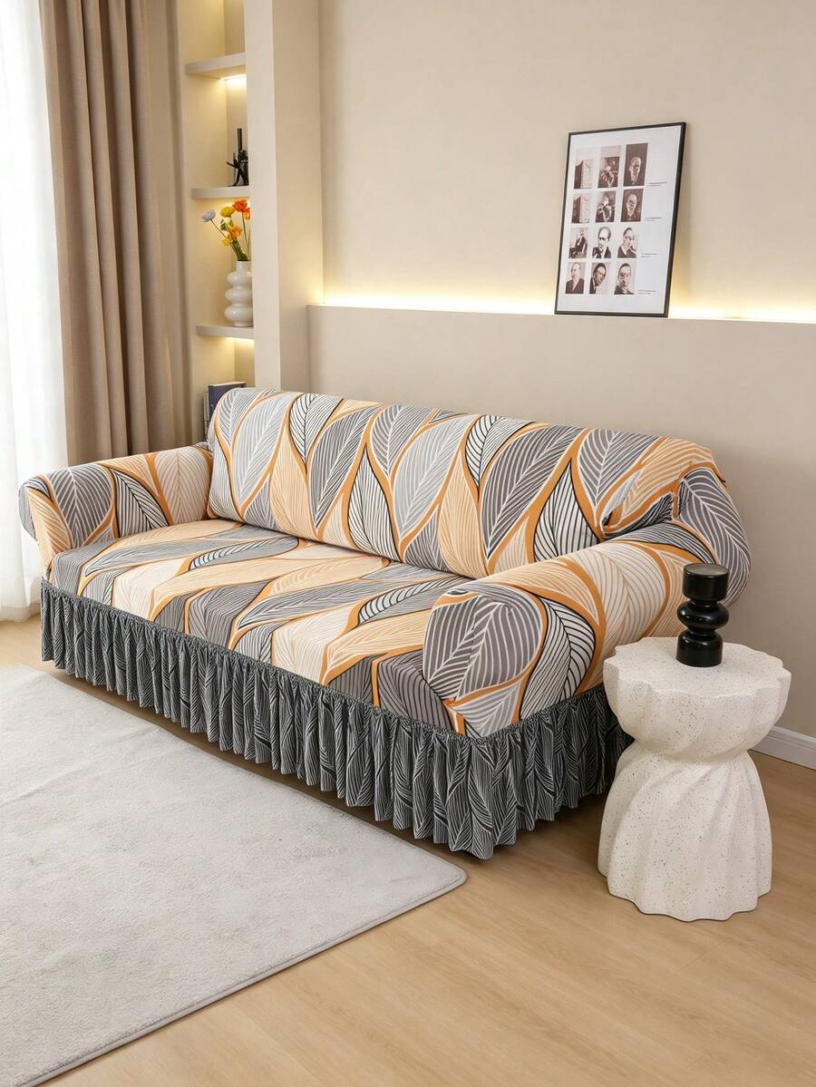 1pc Sofa Cover With Skirt, Non-Slip Dust-Proof Four Seasons Universal Furniture Protector, Suitable For Bedroom, Office, Living Room, Home Decoration - Orange - View 1
