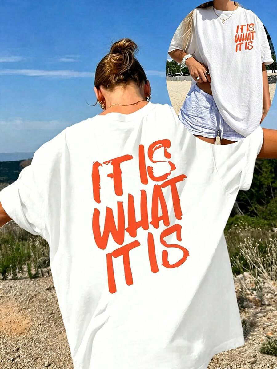 Casual Oversized Round Neck Drop-Shoulder T-Shirt By Mme Xia, Plus Size, Comfortable And Slightly Elastic. - 白2 - 查看 1