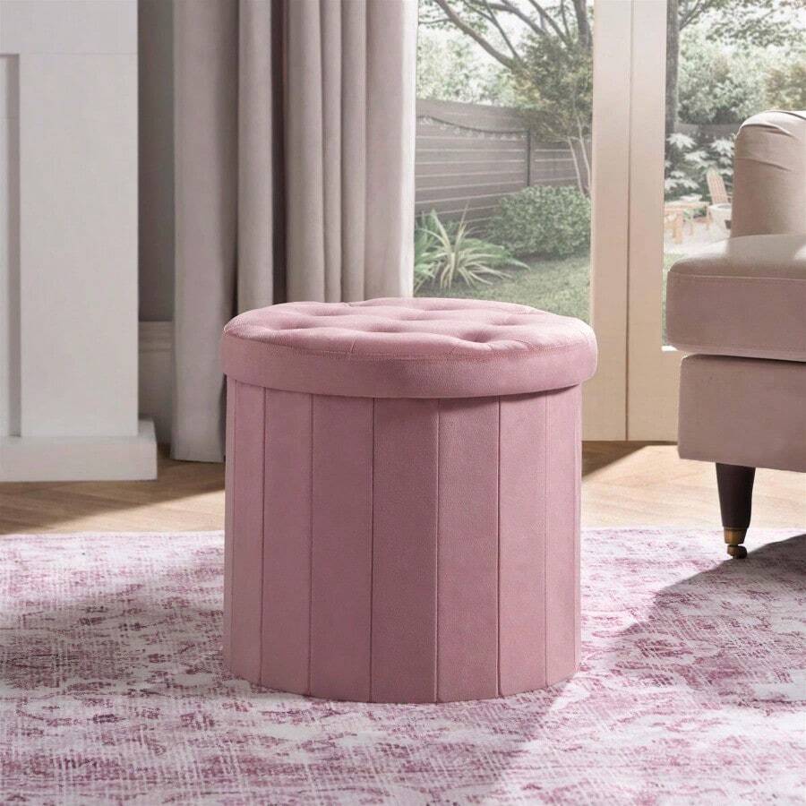 Round Velvet Folding Storage Pouffe Equipped With A Lid, Works As Multifunctional Ottoman For Home Use - Blush Pink - View 1