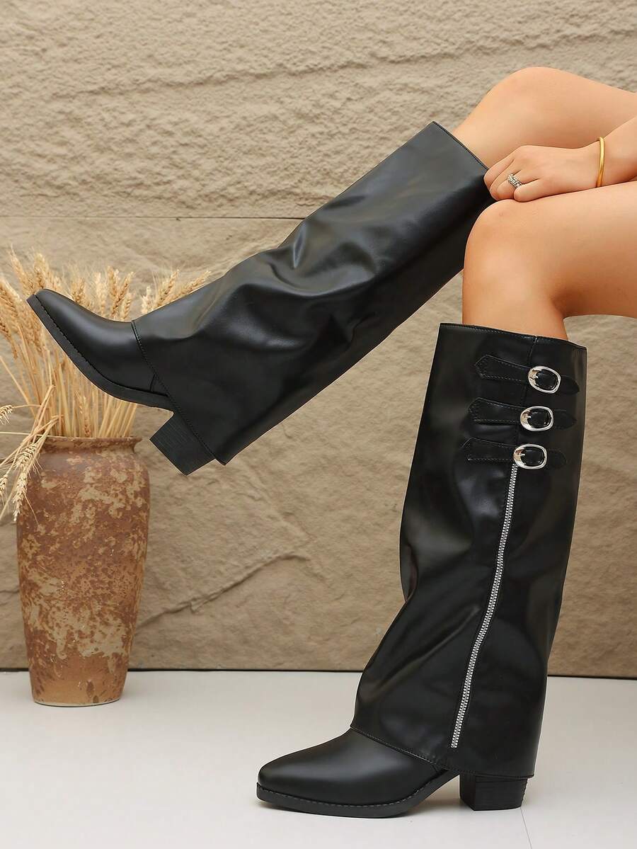 Botas slouch negras de PU para mujer con decoración de 3 hebillas, cremallera lateral, tacón medio-grueso, botas hasta la rodilla, estilo western, para uso diario y otoño/invierno, botas versátiles - Negro - Ver 1