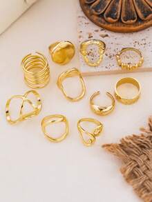 Juego de 10 anillos para dedo minimalistas exagerados de geometría irregular para mujer, lisos, sencillos y gruesos, accesorios de joyería asimétrica - Amarillo Oro - Ver 5