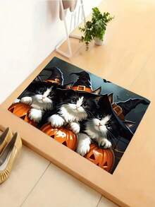 1pc New Halloween Cat With Hat & Pumpkin Floor Mat, Thanksgiving, Suitable For Living Room, Bedroom, Indoor - Machine Washable - Flannel Material, Soft & Comfortable, No Pilling, Water-Resistant, Easy Care, Odorless - Perfect For Home Decor, Room Decor, Living Room Rug, Bedroom Rug, Bathroom Rug, Kitchen Rug, Area Rug, Hotel Decor - Area Rug, All Season - Multicolor - View 2
