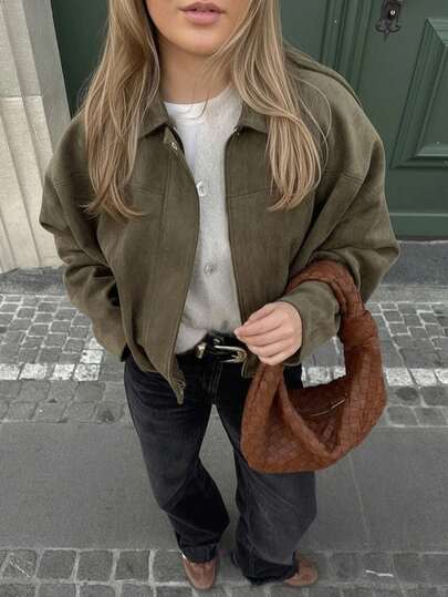 Giacca da donna in finta pelle scamosciata tinta unita, stile streetwear alla moda, ampia, con cerniera, maniche a pipistrello, per uso quotidiano in autunno/inverno