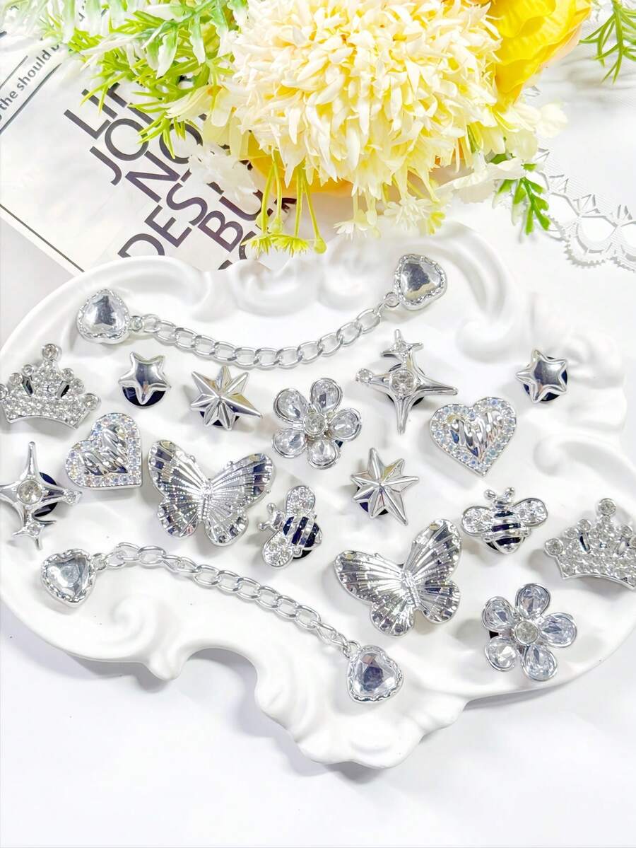 18pcs Silver Rhinestone Butterfly Shoe Charms, Flower Bow Star DIY Sandals Beach Bag Accessories Gift - Silver - View 1