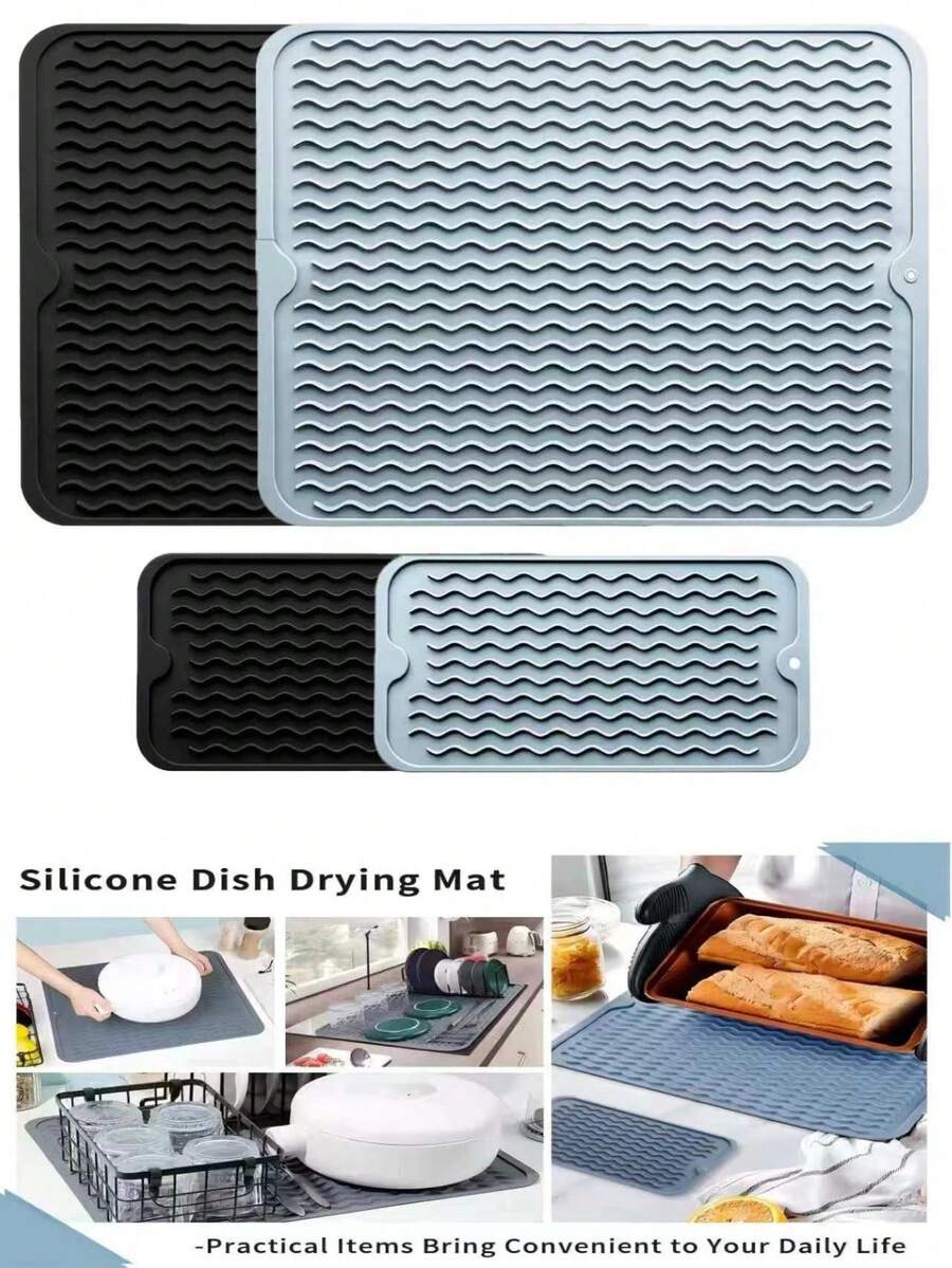 1pc/2pcs, Non-Slip Silicone Dish Drying Mat, Kitchen Countertop Drainage Mat, Heat-Resistant Silicone Draining Mat, Non-Slip Quick-Dry, Silicone Material, Soft Durable Heat-Resistant Mold-Resistant, 16" X 12"/12" X 6", Suitable For Kitchen Countertop/Sink/Refrigerator/Drawer Liner, Dishwasher Easy To Clean, Suitable For Home Kitchen/Dorm/Restaurant