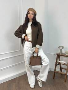 Áo khoác nữ vải dệt màu nâu dáng vừa tay dài, lựa chọn hoàn hảo để tạo phong cách thời trang mùa thu/đông - màu nâu - Xem 4