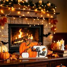 1pc "Hello Autumn" Pumpkin Wooden 2D Flat Desktop Decor, Farmhouse Harvest Symbol, Decorated With Autumn Leaves And Berries, Suitable For Tabletop Decoration, Party Decor, Halloween Decor, Christmas Decor - Multicolor - View 3