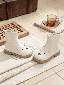 1 Pair Kids Soft Cute Cartoon Bear Decor Short Leather Boots, Easy On/Off Side Zipper Design, Suitable For Casual Outings, Parent-Child Matching, Autumn/Winter - Beige - View 5