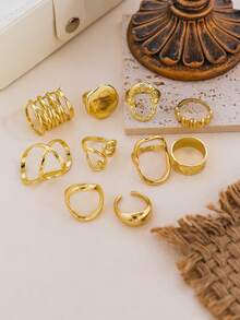 Juego de 10 anillos para dedo minimalistas exagerados de geometría irregular para mujer, lisos, sencillos y gruesos, accesorios de joyería asimétrica - Amarillo Oro - Ver 4