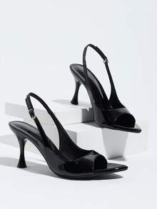 Black Pointed Toe Stiletto High Heels, Women's Summer New Style, Low Toe Design, Embellished With Sequins, Buckle Strap, Backless, Sexy High Heel Shoes - Black - View 6