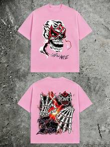 Gothic Grunge Luchador Skull Mask Tee, Double‑Sided Skeleton Hands Lightning Bold Print, 180g Pure Cotton Streetwear Short Sleeve For Men - 粉紅色2 - 查看 11