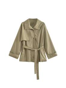 Autumn Casual Stand Collar Belted Trench Coat Jacket - Color - View 5