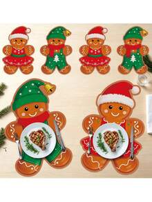 2pcs Christmas Gingerbread Man Placemats/Heat Resistant Pads, Heat Resistant, Vintage Red & Green Gingerbread Man Decor, Suitable For Winter Holiday Table Setting, Family Gatherings, Kitchen And Home Decor - Multiple Styles - View 1