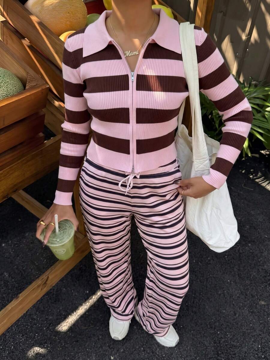 Set Atasan Cardigan Rajut Pendek Slim Fit Bergaris Cokelat Pink MORI Wanita, Resleting Penuh, Kerah, Lengan Panjang, Potongan Ramping, Musim Gugur/Musim Dingin - Merah muda dan cokelat - View 1