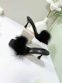 Fashionable Women's High Heel Sandals, High-End Fluffy Faux Feather-Like Elegant Toe Design, Casual Slip-On Half-Back Sandals - Black - View 3