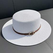 1pc Summer Sunhat For Women, British Style Flat Top Hat With UV Protection - Straw Hat - View 3