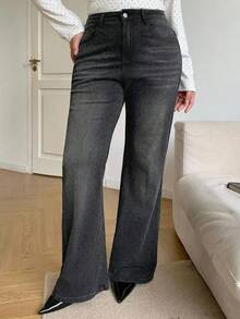 Plus Size Straight Leg Wide Leg Women's Jeans Solid Color Denim Washed Denim Wide Leg Straight Leg Jeans Daily All Season - Black - View 6