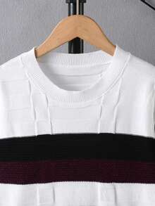 Boys' Simple Contrast Striped Knit Pullover Sweater, Casual For Daily Wear, Spring, Autumn, Winter - White - View 3