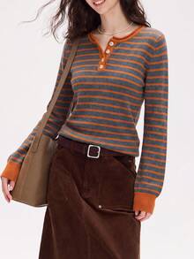 Women's Vintage Striped Half-Button Pullover Knit Sweater, Autumn/Winter - Burnt Orange - View 3