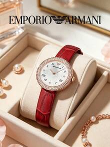 Armani Women's Rosa Series Quartz Watch Crystal Paved Bezel Mother‑Of‑Pearl Dial Wine‑Red Croc‑Embossed Leather Strap Ladies Watch AR11357 - Gold - View 7