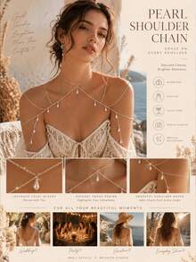 STONEFANS 1pc Vintage Pearl Water Drop Shoulder Chain, Wedding Dress Cold Shoulder Accessory, High-End Multi-Layer Body Chain - Pearl - View 2