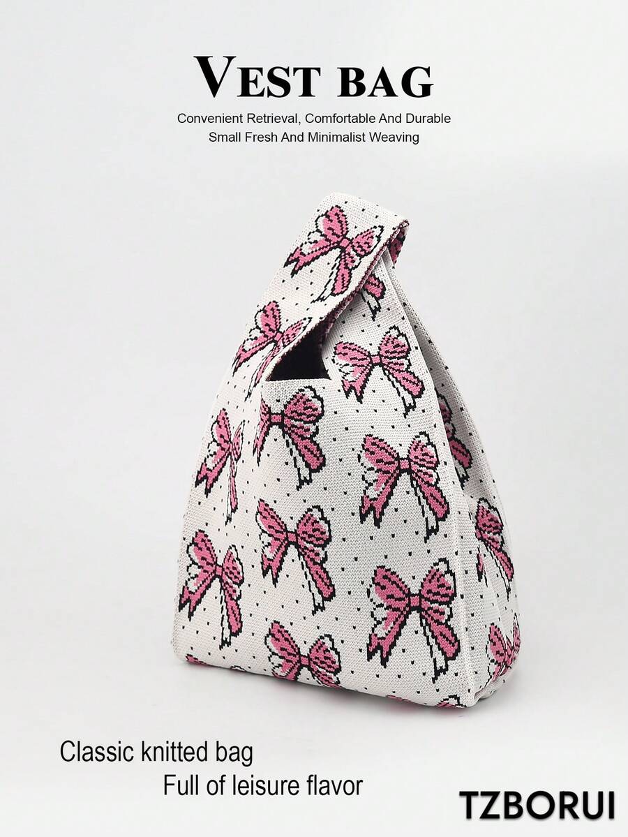Mini Lightweight Foldable Cute Multi-Color Resin Hollow Breathable Contrast Color Knitted Handbag Wrist Bag Crochet Vacation Outfit Photo Student School Girls - Pink - View 1