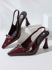 Women's Burgundy Patent Pointed Toe Slingback Sandals, Rhinestone Bow Decor Back Strap, Vintage Flared Heel Closed Toe Dress Heels - Burgundy - View 9