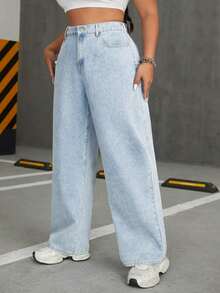 Light Color Plus Size Straight Leg Wide Leg Women's Jeans, Solid Color Denim Fabric Pocket Straight Leg Wide Leg Jeans, Holiday Campus Home All Seasons - Light Blue - View 2