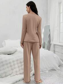 Women's Fashion Lace Trim Patchwork Bow Long Sleeve Pants Loungewear Set, Spring Summer Autumn - Khaki - View 5