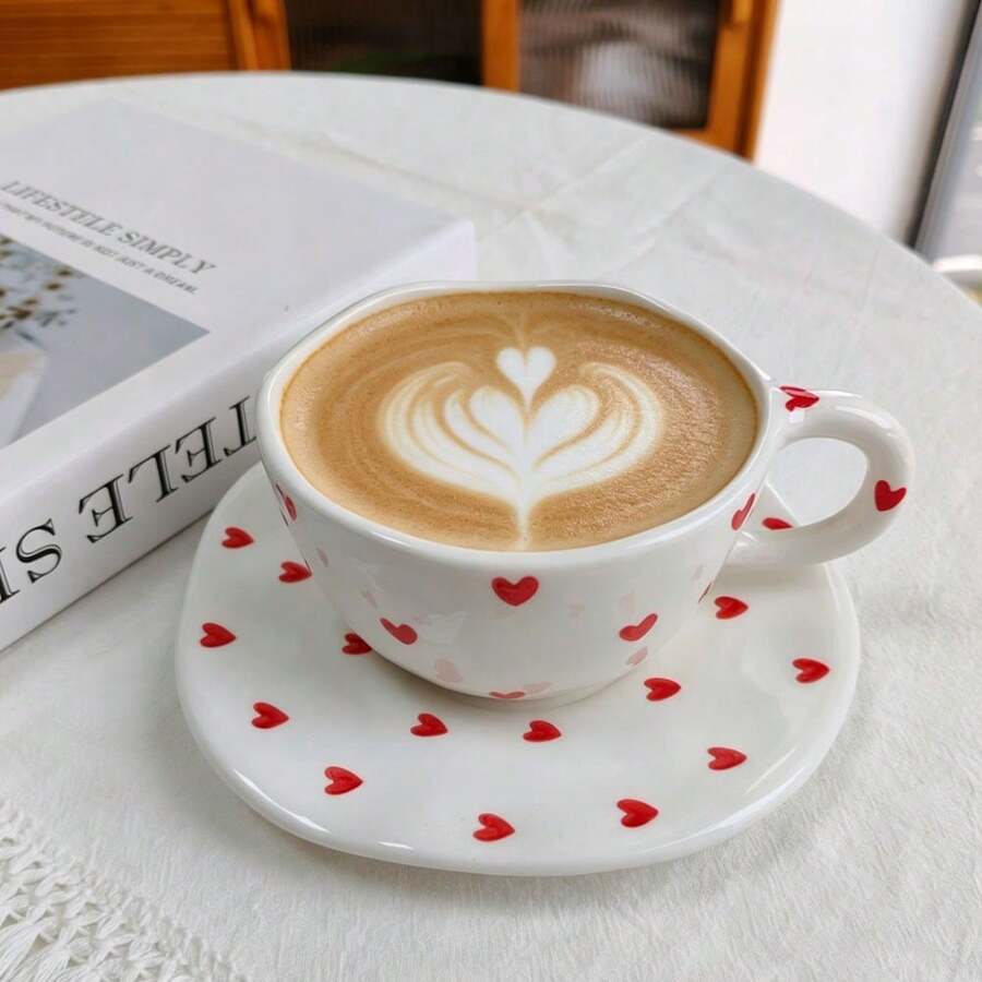 250ml Hand-Painted Underglaze Ceramic Coffee Cup And Saucer, Vintage Ins Style Coffee Shop Afternoon Tea Cup, Suitable For Daily Use - Red Heart - View 1