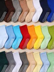 10 Pairs Random Solid Color Ribbed Mid-Calf Non-Slip Socks For Infants, Multiple Bright Colors, Knee-High Mid-Calf Floor Socks With Soft Elastic Non-Slip Strips On Bottom, Breathable Fabric, Suitable For Toddlers And Children's Daily Indoor Wear - Multicolor - View 2